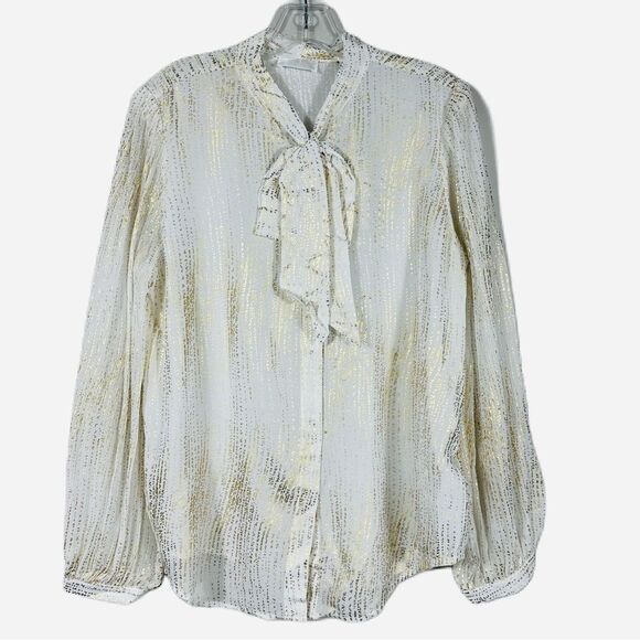NWT 7 For All Mankind Silk Blend Tie Neck White/Gold Blouse Button Down Shirt L - Picture 1 of 10